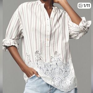Anthropology Striped Lace Hem Blouse